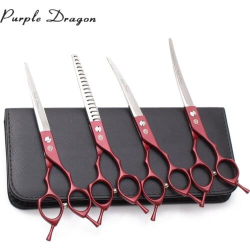 Purple Dragon 7" Japan 440C Professional Pet Scissors Thinning Shears 3009# Dog Hair Scissors Pet Scissors Set Add Bag Red Color