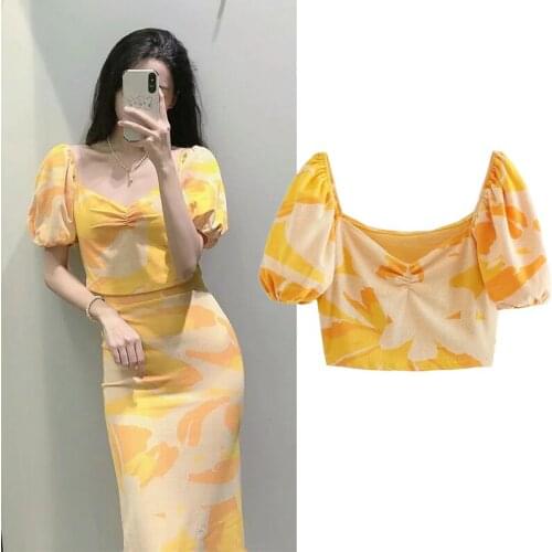 WESAY JESI ZA Sweater Autumn Fashion Chic Puff Sleeve Printed Knitted Pullovers Woman Clothes Slim Vintage Crop Top Streetwear