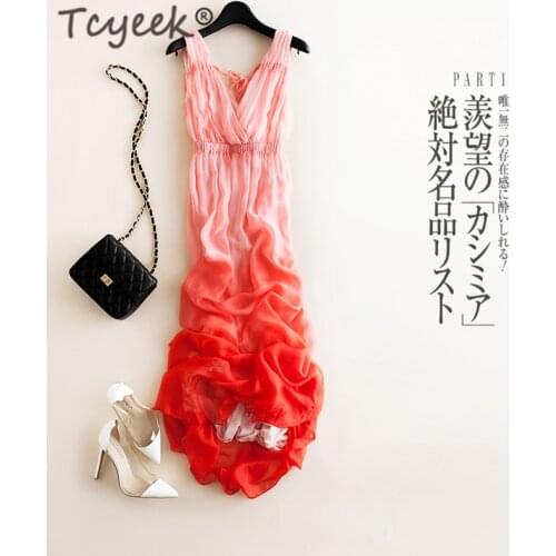 Tcyeek Summer 100% Real Silk Dress Women Maxi Vestidos Korean Long Sexy V Neck Dresses Woman Vintage Pink Boho Beach Party Dress