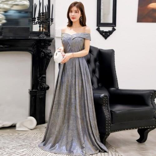 A Line Long Prom Dresses Off Shoulder Shimmering Floor Length Party Evening Dress Gowns