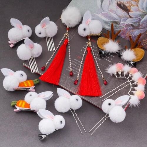 Ancient Style Han Chinese Clothing Plush Peach Hairpin Rabbit Hairpin Furry Hair Clasp Hairy Ball Hair Accessories Costume