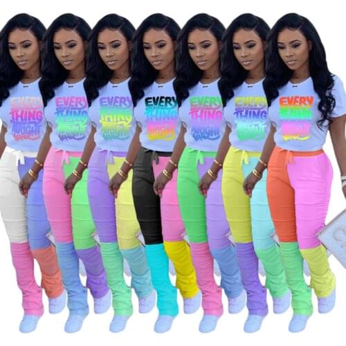 Women letter print tee tops patchwork stracked bell bottom jogger sweatpant suit two piece set sport matching set outfit