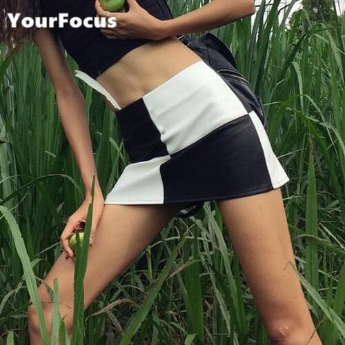 2018 new punk rok PU leather Checkerboard high waist mini Skirt women Black White plaid Slim sexy Skirts fashion classic Saias