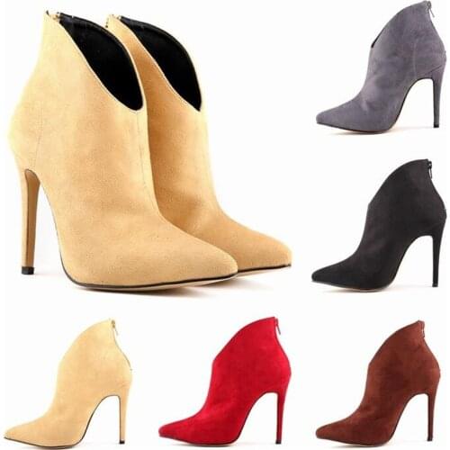 Womens Motorcycle boots Winter Boots Flock Ankle Short Plush Basic Round Toe Super High 11CM Thin Heels Solid women boots Shoes