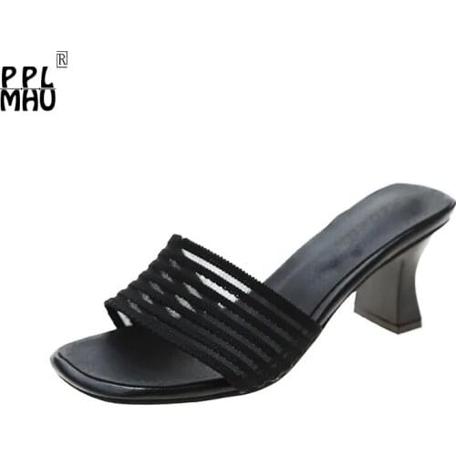 Womens Knitted Sandals 2021 Summer New Fashion Thick Heel Mid-heel Height Increase Shoes Lightweight One-stop Foot Slippers