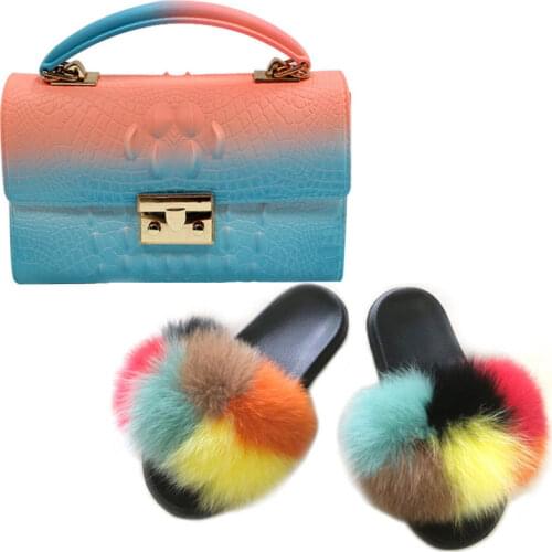 Women Winter Warm Fox Fur Slides Lovely Fluffy Fox Fur Slippers Ladys Big Fur Slides Women Shoulder Bag Shopping Purse Sets