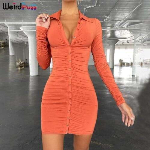 Weird Puss Sexy Mini Dress Women Long Sleeve Button Ruched Bodycon Fashion Polo Neck Workwear Summer Slim Solid Skinny Dresses