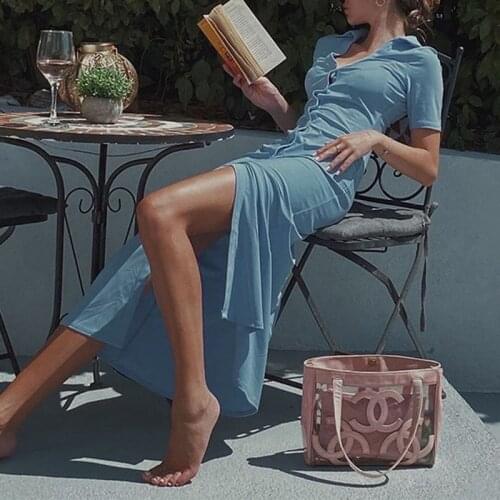 Short Sleeve Summer Dress Women 2021 Solid Blue V-Neck Single Breasted Sheath Slim Sexy Female Thin Dresses Office Lady Clothes