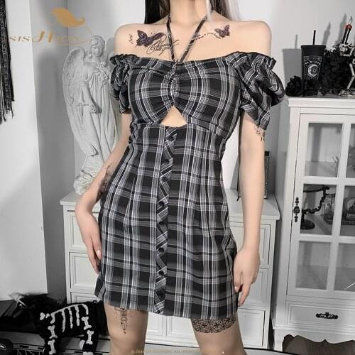 SISHION Puff Sleeve Halter Sexy Gothic Dress VD2121 Women Ladies Mini Goth Pencil Plaid Dress