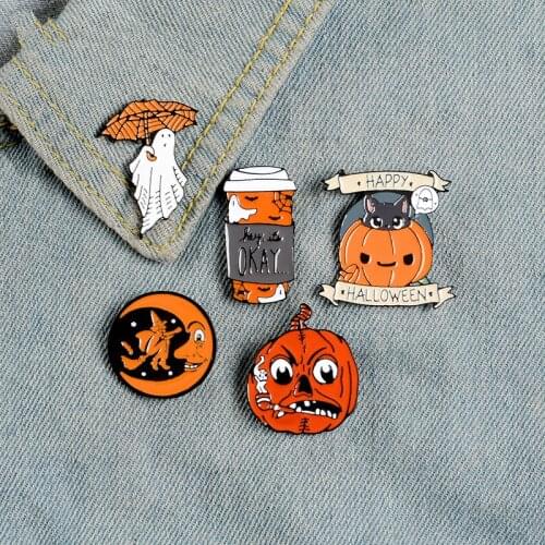 Happy Halloween Enamel Pin Custom Coffee Moon Ghost Pumpkin Umbrella Brooches Backpack Clothes Lapel Pin Fun Badge Jewelry Gift