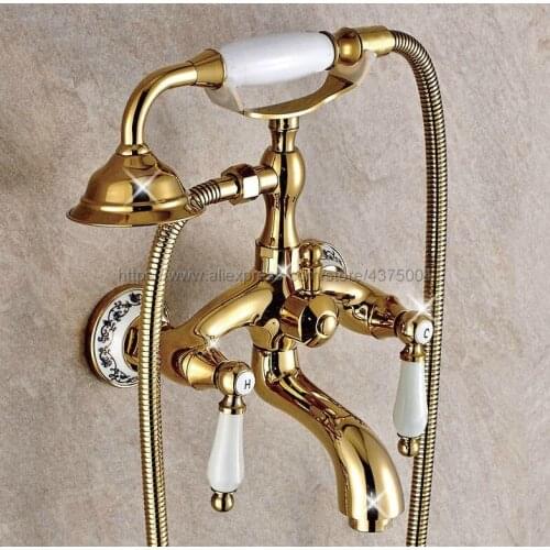 Golden Wall Mount Bathtub Bathroom Faucet Telephone Style Mixer Faucet Tap with Dual Handle Handshower Ntf414