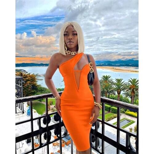 Celebrity Bandage Dress Summer Fashion New Orange Sexy One Shoulder Mesh Hollow Bodycon Dress Elegant Evening Party Dress Vestid