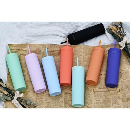16oz Acrylic Slim and Skinny Tumbler Color Matte Water Bottle Cover Straw Braided Double Wall New Year Party Gift