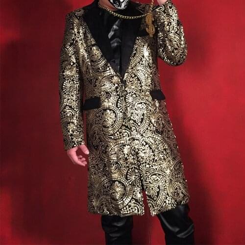 2019 new fashion mens long suit printed matte sequin suit fashion mens DJ stage singer performance suit costumes