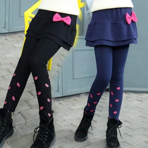 2021 Girl Pants Kids Leggings 4-13Y Children Clothing Autumn Cotton Leggings Baby Girl Bowtie Cute Lips Skirt-Pants High Quality
