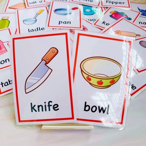 26pcs English Word Cards For Children Learning Cards Kitchen Supplies Montessori Educational Cognitive Flash Cards Memory Game