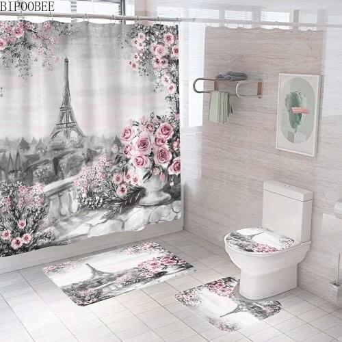 3D Pink Rose Eiffel Tower Print Shower Curtains Oil Painting Art Bathroom Curtain Toilet Lid Cover Non-slip Carpet Bath Mats