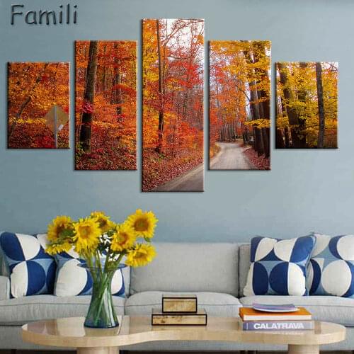 5 Panel Modern Canvas Painting Wall Art Picture Dirt Road Deciduous Forest Green Tree Foggy Spring Landscape Print Artwork Wall