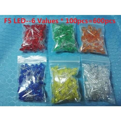 6 values * 100pcs =500pcs 5MM Led diode kits Orange White Red Green Blue Yellow light emitting F5 diodes kit set pack 6 Colour