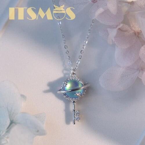 ITSMOS Planet Key Necklace S925 Silver Simple Style Aurora Crystal Pendant Necklace Luxury Jewelry for Women Girls Gift