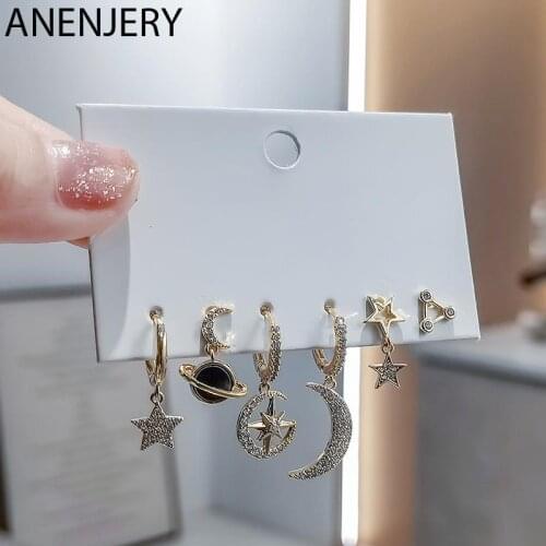 Evimi 6 pieces/set 925 Sterling Silver Micro-Inlaid Zircon Planet Moon Star Hoop Earrings Set Shiny Women Jewelry