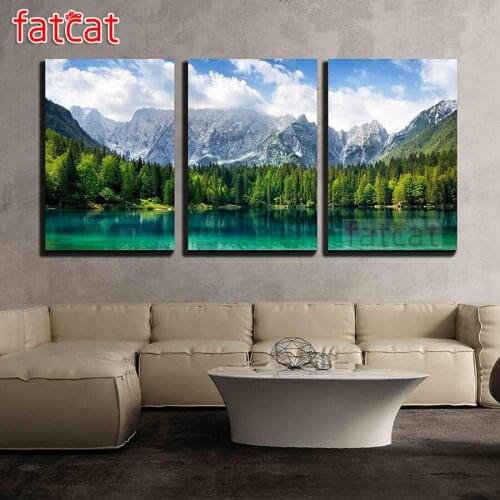 FATCAT Mountain lake scenery diy 5d diamond painting full square round drill mosaic embroidery triptych kits home decor AE2705