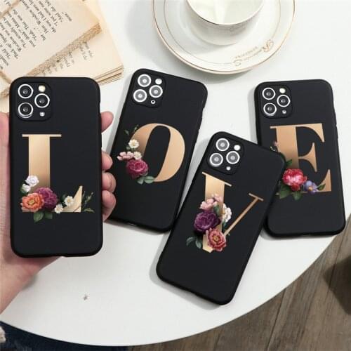 Alphabet Letter Flower Black Matte Silicone Phone Case For iPhone 10 7 8 Plus 7Plus 8Plus 6 6s X XR XS 11 Pro Max TPU Back Cover
