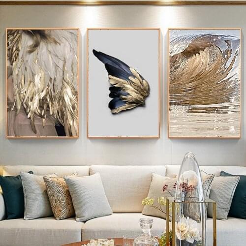 MUTU Nordic Decor Feathers Canvas Painting White Poster And Prints Unique Modern Golden Wings Wall Art For Living Room Bedroom