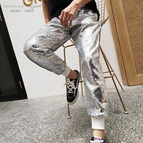 Mens Shiny Casual Sequins Pants Glitter Elastic Waist Loose Nightclub Trousers