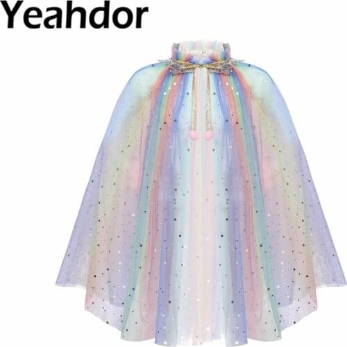Kids Girl Princess Party Costume Drawstring Sequin Tulle Princess Cape Cloaks Halloween Party Dress Up Mantle for Performance