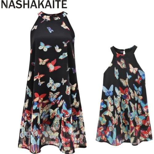 NASHAKAITE Summer Mom and daughter dress Butterfly Print Hanging Neck Matching Dress Family Look Mother daughter dresses