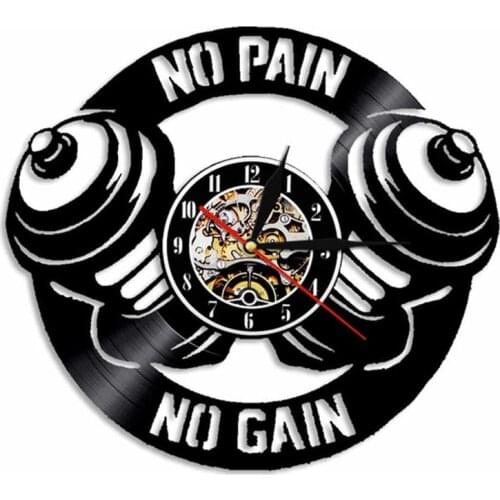 Gym Wall Clock Workout Dumbbell Silhouette Vinyl Record Clock No Pain No Gain Wall Art Sport Decor Gift For Bodybuilder