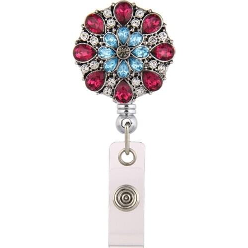 Legenstar 2019 New Fashion Jewelry Retractable Colorful Rhinestone Flower Business ID Badge Reel Holder with Clip Backin