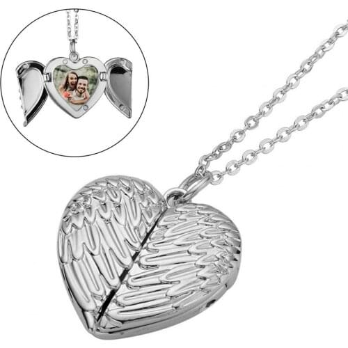 Necklace Pendant Angel Wing Pattern Lockable Photo Blank Alloy Love Shape Angel Wing Chain Blank Sublimation Necklace for Women