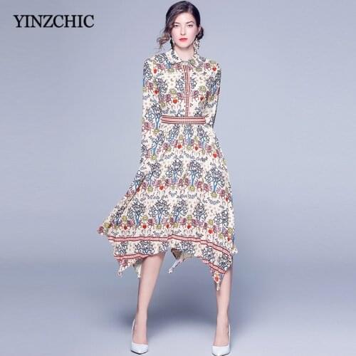 New Autumn Woman Print Dress Turn-down Collar Female Slim Irregular Mid Dresses Fashion Printed Dresses Woman