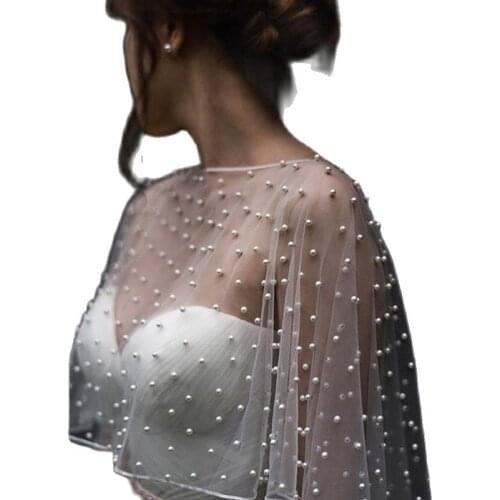 Popodion Wedding Accessories Wedding Jackets Women Cape Pearl Shawl Wedding Cloak ROM80283