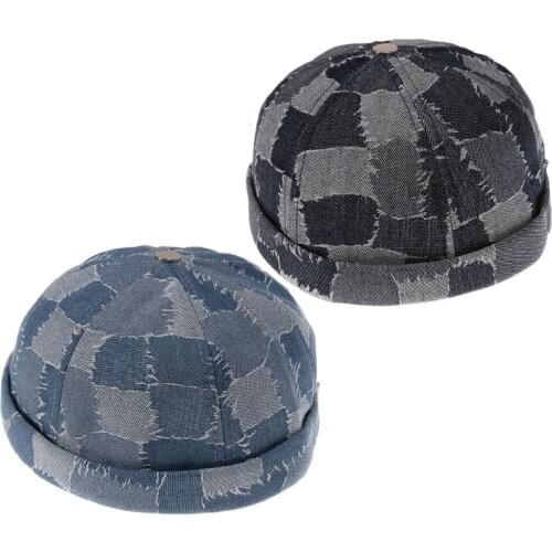 Retro Plaid Contrast Washed Denim Docker Cap Distressed Rolled Cuff Skull Hat