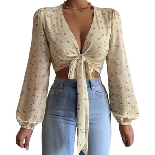 Ladies Sexy V-neck Tops, Autumn Women Temperament Floral Printing Tie Up Puff Long Sleeve Slim Midriff-baring Base Shirt