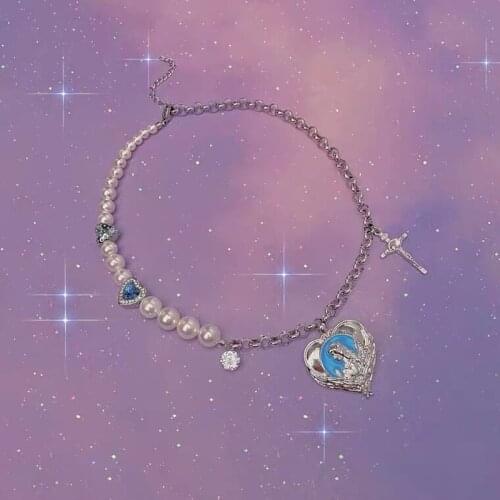 New Hip-hop Vintage Love Rhinestone Pearl Necklace Stitching Stone Cross Heart Necklaces For Women Girls Fashion Jewelry Gift