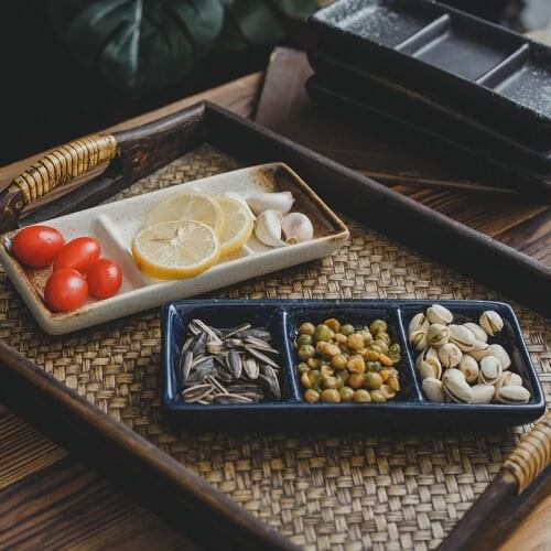 Japanese Art Retro Ceramic Three Grid Fruit Snack Plate Simple Home 8 Inch Multi-function Seasoning Dessert Sushi Dish Tableware