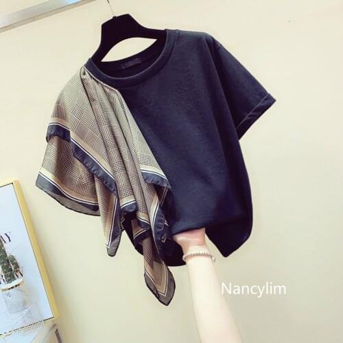 NANCYLIM Summer Tshirt Women 2019 Summer New Female Round Collar T-shirt Splicing Irregular Oblique Decoration Short-sleeved Tee