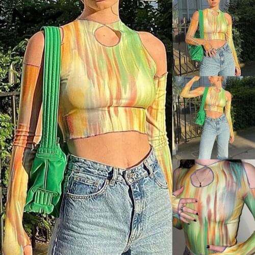 Women Cutout Crop Tops Adults Cold-shoulder Color Block Long Sleeve Round Neck T-shirt