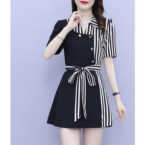 Women Summer Temperament Striped Patchwork Fashion Business Short Sleeve Shirt Shorts Two Piece Set Female Tops Plus Size G1128