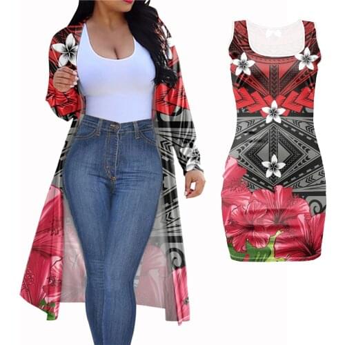 2021 Hot Sellers Samoa Style Hibiscus Polynesian Print Women Red Casual Thin Cardigan Long Sleeve with Sexy Tight Dress