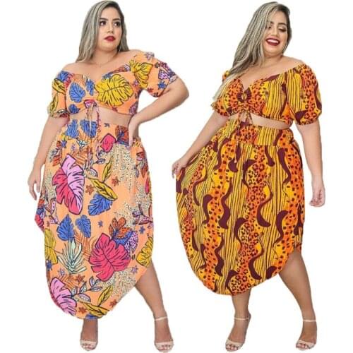 Leopard Printing Women Plus Size Two Piece 2021 Summer Casual High Waist A-line Skirts + Sexy V-neck Lace-up Crop Tops Sets