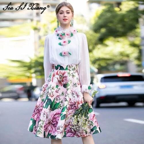 Womens Autumn Runway Skirt Suit Elegant Full Sleeve Flower Appliques White Blouse With Print Skirt Two Pieces Sets