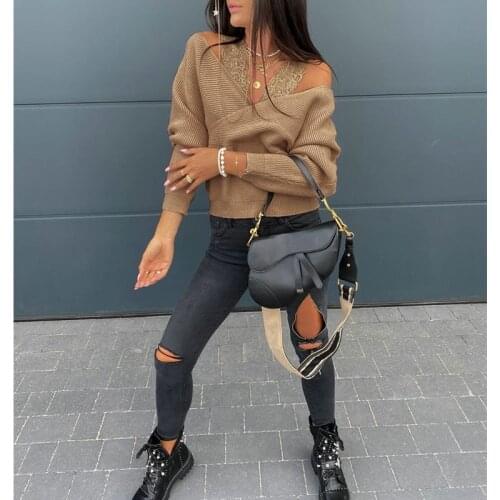 Womens Autumn Sexy Lace Sling Strapless Long Sleeve Tops Solid Casual Slim V-Neck Retro Female Elegant Pullover Sweater