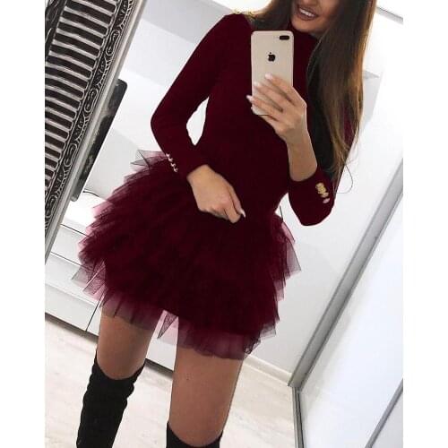 Buttoned Long Sleeve Solid Spliced Mini Dress Women Sexy Party Dress