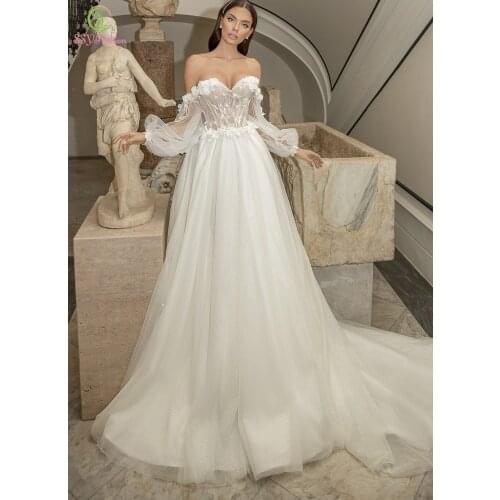 SSYFashion New Bride Married Wedding Dress Sweetheart Boat Neck Backless Long Sleeve Lace Flower Wedding Gown Vestidos De Novia