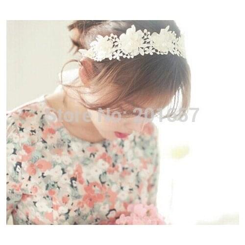 2021 new Retail korea style vintage romantic lace flower with pearl long ribbon women wedding party headbands hiar accessories